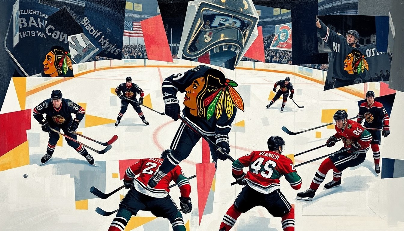 A cubist, geometric painting depicting a Chicago Blackhawks hockey game, with the players