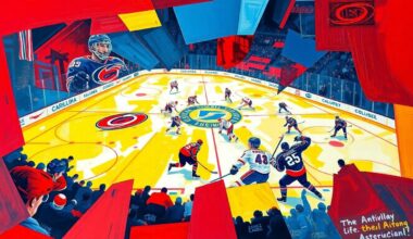 A cubist, geometric painting depicting a hockey game between the Carolina Hurricanes and Columbus Blue Jackets, with sharp, overlapping planes of vibrant colors representing the intensity and movement of the match.