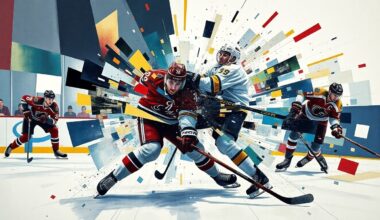 A fragmented, geometric painting depicting the violent collision of two hockey players, with their bodies and equipment broken down into sharp, overlapping planes of color and form.