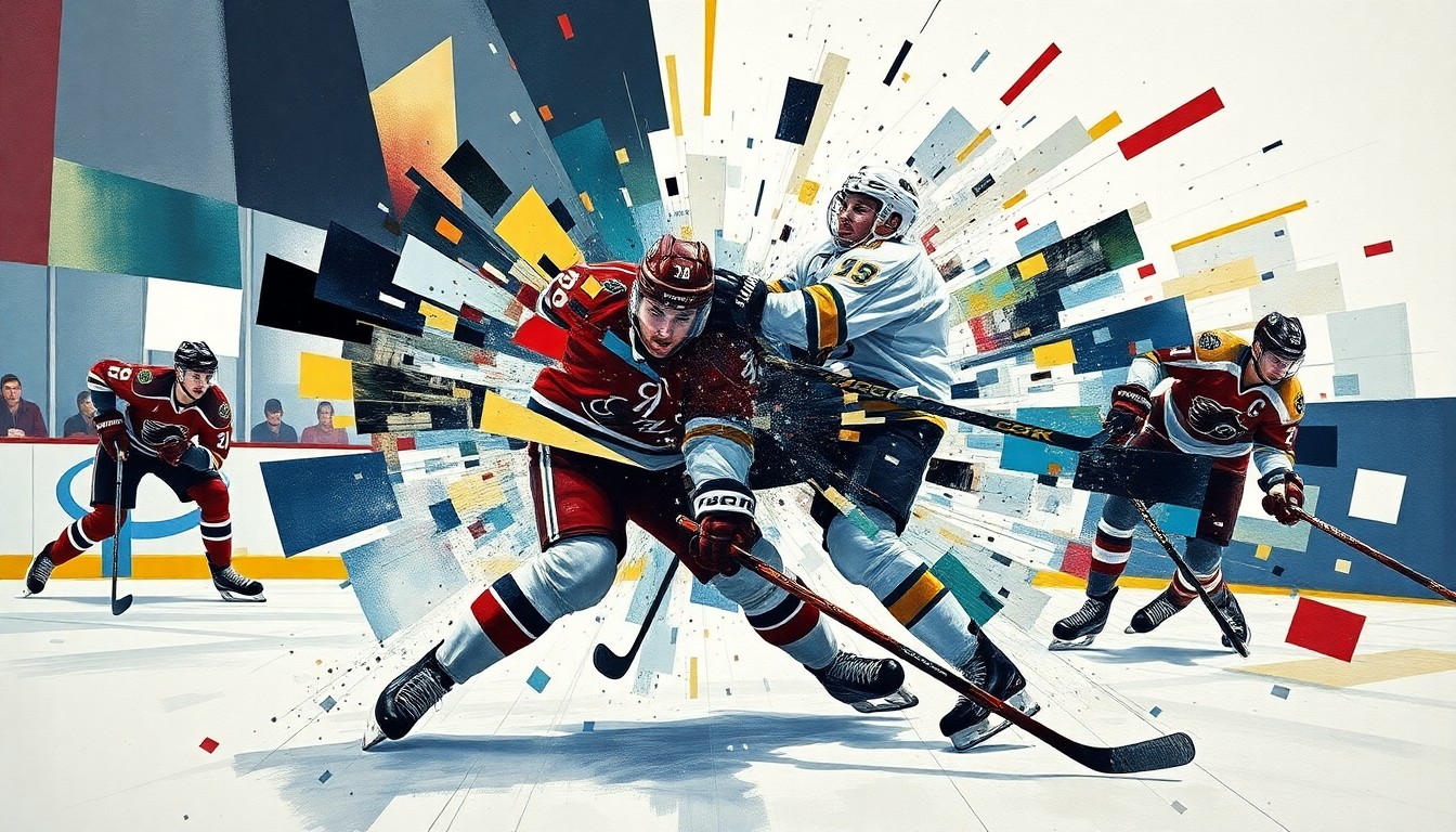 A fragmented, geometric painting depicting the violent collision of two hockey players, with their bodies and equipment broken down into sharp, overlapping planes of color and form.