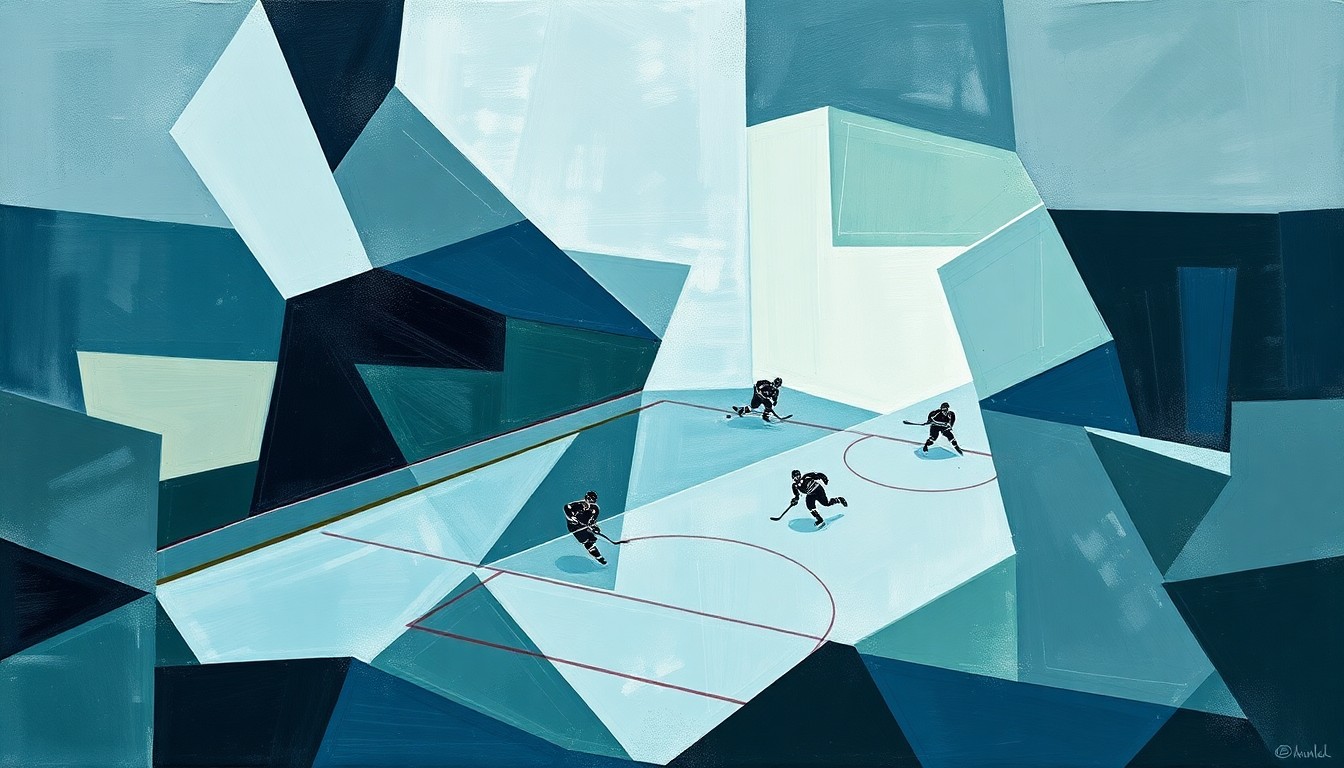 A cubist, geometric painting depicting a fragmented hockey game, with overlapping planes of muted blue, green, and gray tones conveying the complexity of an expansion team