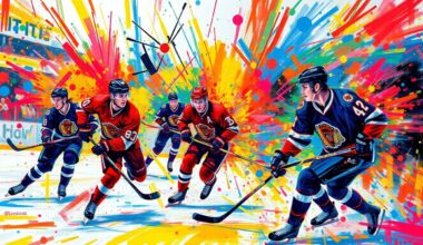 A dynamic, abstract painting in neon colors with rapid, expressive brushstrokes capturing the intensity and movement of an overtime hockey game.
