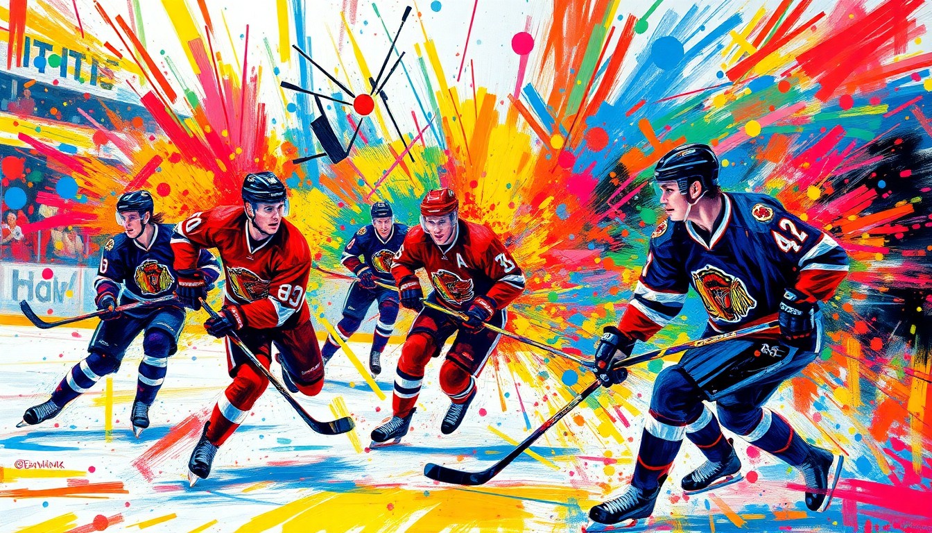 A dynamic, abstract painting in neon colors with rapid, expressive brushstrokes capturing the intensity and movement of an overtime hockey game.