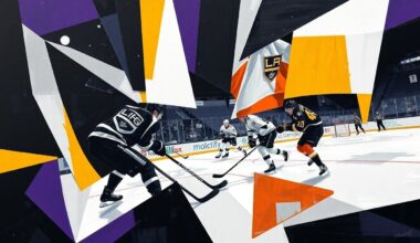 A fractured, multi-perspective painting in bold, vibrant colors depicting a hockey game or match, with the players