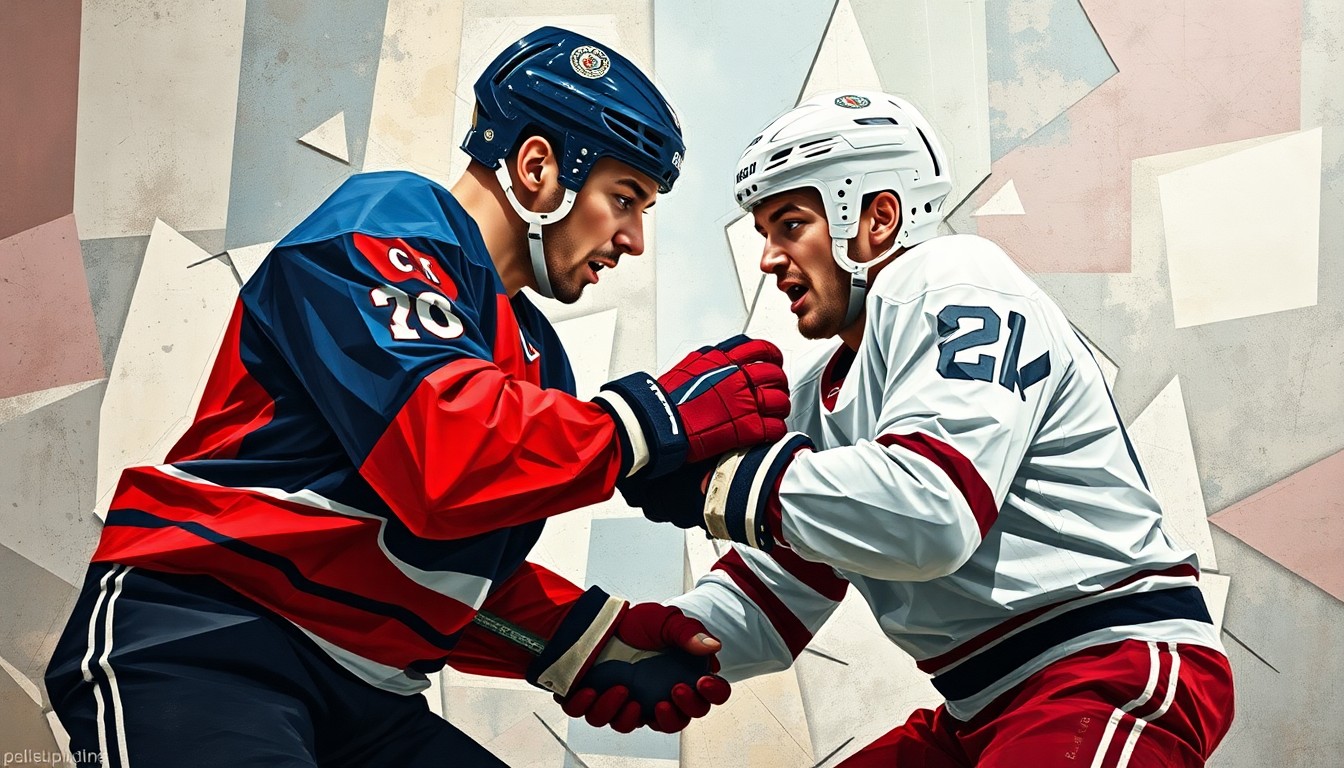 A fragmented, geometric painting depicting the chaotic motion and impact of a hockey fight, with the players