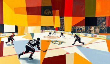 A fragmented, geometric painting depicting a hockey game, with sharp, overlapping planes of color and form representing the multifaceted nature of the Blackhawks