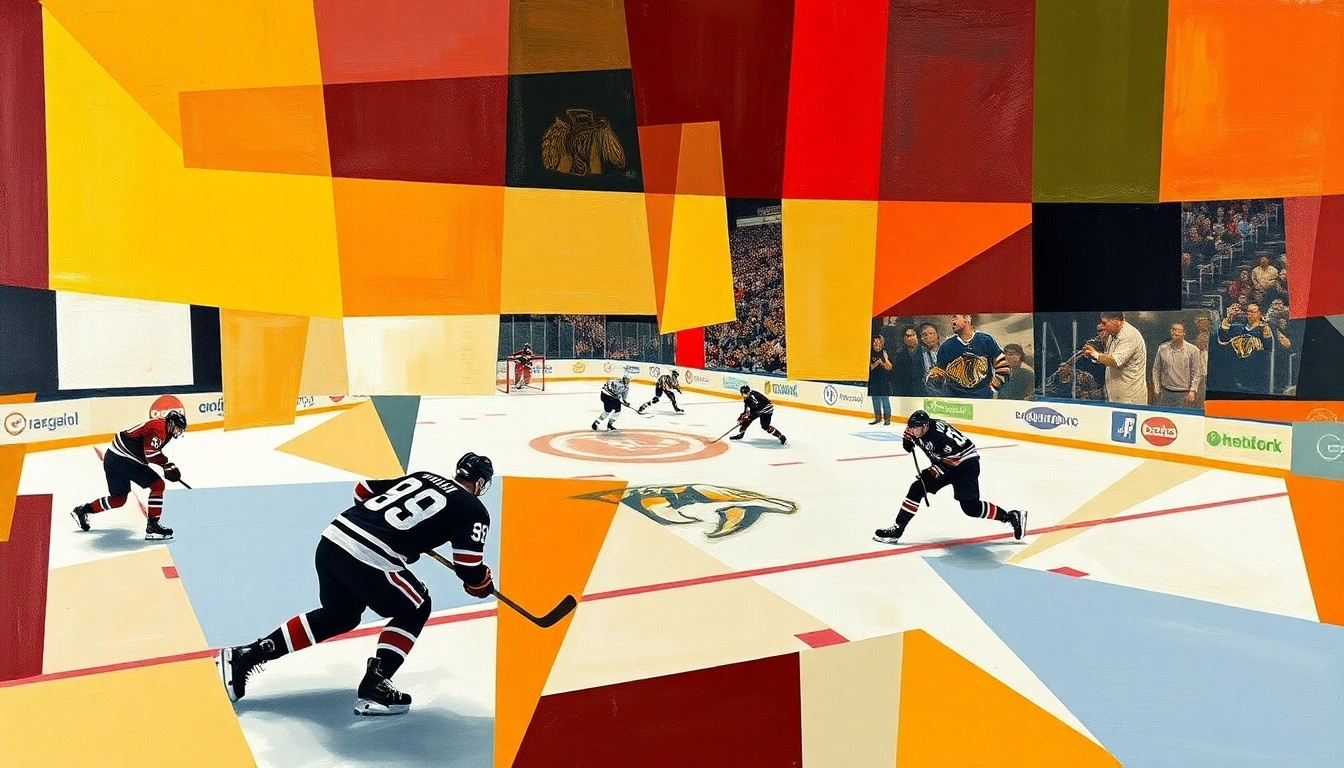 A fragmented, geometric painting depicting a hockey game, with sharp, overlapping planes of color and form representing the multifaceted nature of the Blackhawks