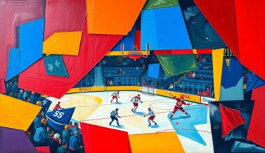 A cubist, geometric painting depicting a hockey game or match, with sharp, overlapping planes of vibrant colors like royal blue, crimson red, and golden yellow, capturing the energy and movement of the sport.