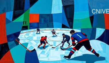 A cubist-style painting depicting a hockey game, with the players