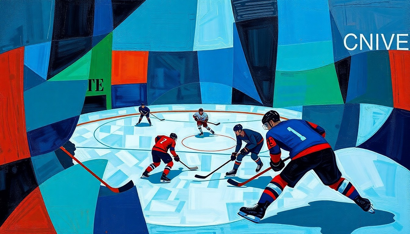 A cubist-style painting depicting a hockey game, with the players