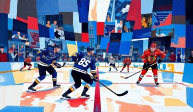 A fractured, geometric painting in vibrant blues, reds, and whites, depicting the overlapping movements and perspectives of a hockey game between the St. Louis Blues and Chicago Blackhawks.