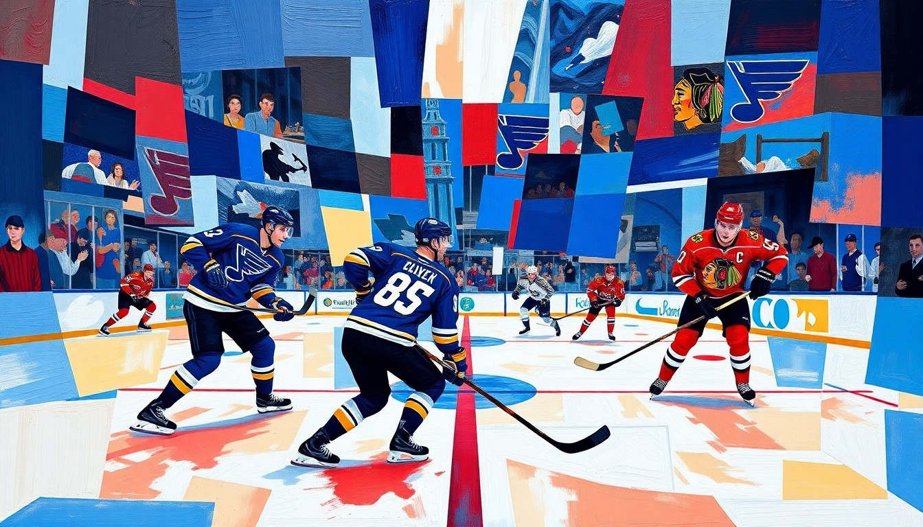 A fractured, geometric painting in vibrant blues, reds, and whites, depicting the overlapping movements and perspectives of a hockey game between the St. Louis Blues and Chicago Blackhawks.