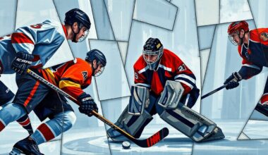A fragmented, geometric painting depicting the abstract forms of hockey players engaged in a shootout, with the puck and goalie