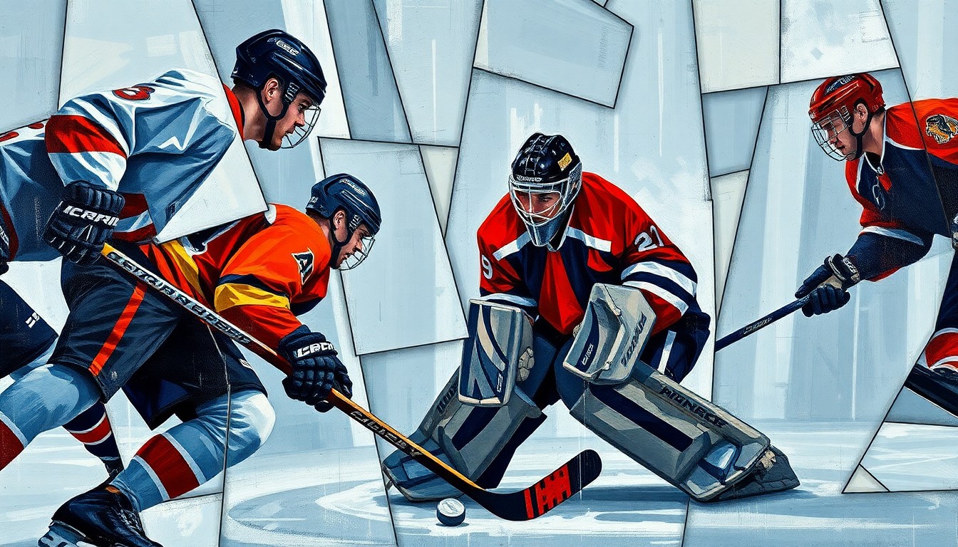 A fragmented, geometric painting depicting the abstract forms of hockey players engaged in a shootout, with the puck and goalie
