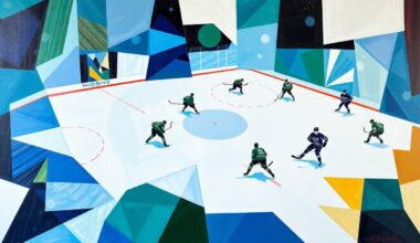 A cubist, geometric painting depicting a hockey game, with the players and ice reduced to angular, fragmented shapes in a vibrant color palette, conveying the uncertainty and difficulty of the Sharks