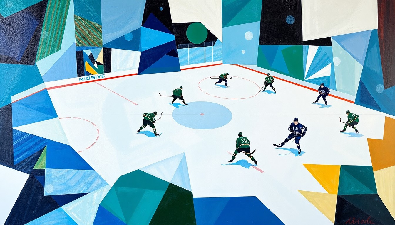 A cubist, geometric painting depicting a hockey game, with the players and ice reduced to angular, fragmented shapes in a vibrant color palette, conveying the uncertainty and difficulty of the Sharks