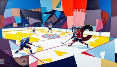 A fragmented, geometric painting in vibrant blues, reds, and greens, depicting the action and movement of a hockey game or match from multiple perspectives, conveying the fast-paced and competitive nature of the sport.