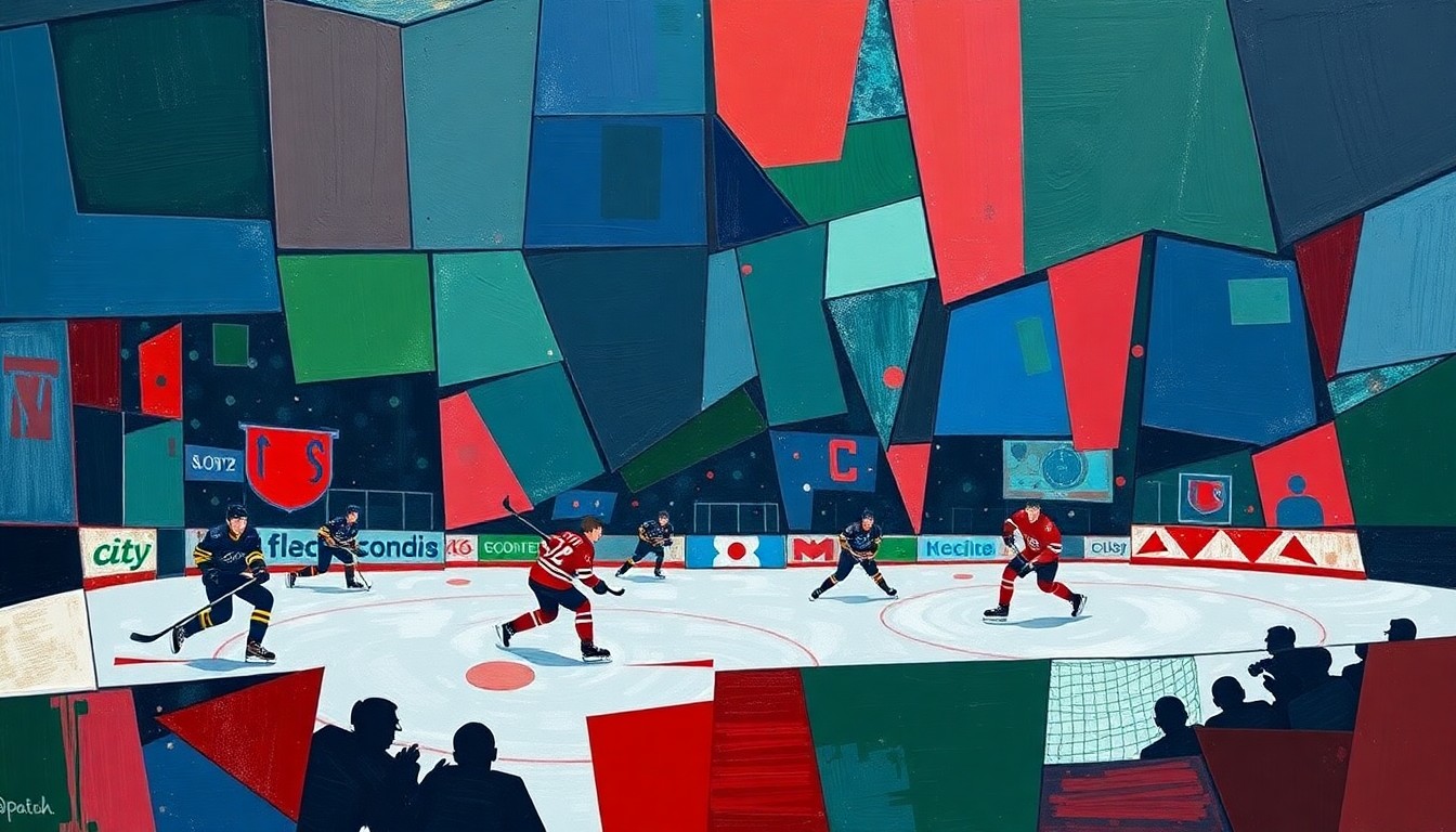 A cubist, geometric painting depicting a hockey game, with sharp, overlapping planes of color representing the dynamic action on the ice.