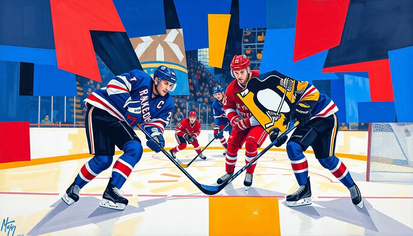 A fractured, multi-perspective painting depicting a hockey game between the New York Rangers and Pittsburgh Penguins, with sharp, overlapping geometric planes in vibrant colors representing the teams
