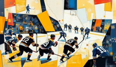 A fractured, geometric painting depicting the intense final moments of a hockey game, with players and the action broken down into abstract shapes and forms.