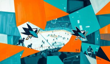 A cubist, geometric painting depicting a Sharks hockey game, with sharp, overlapping planes of teal, orange, and white colors representing the team