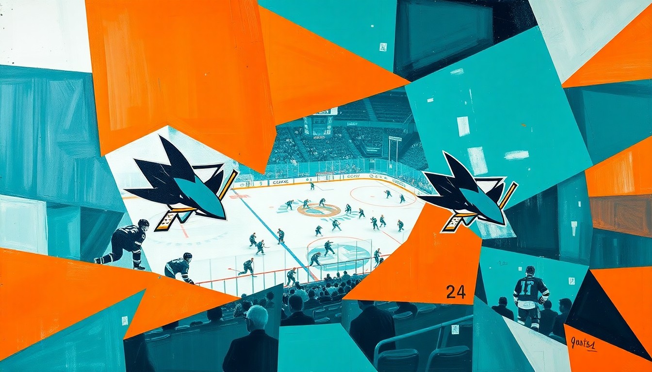 A cubist, geometric painting depicting a Sharks hockey game, with sharp, overlapping planes of teal, orange, and white colors representing the team