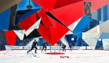 A cubist, geometric painting in vibrant colors depicting a fragmented hockey scene, conceptually representing the fractured state of the Detroit Red Wings organization.