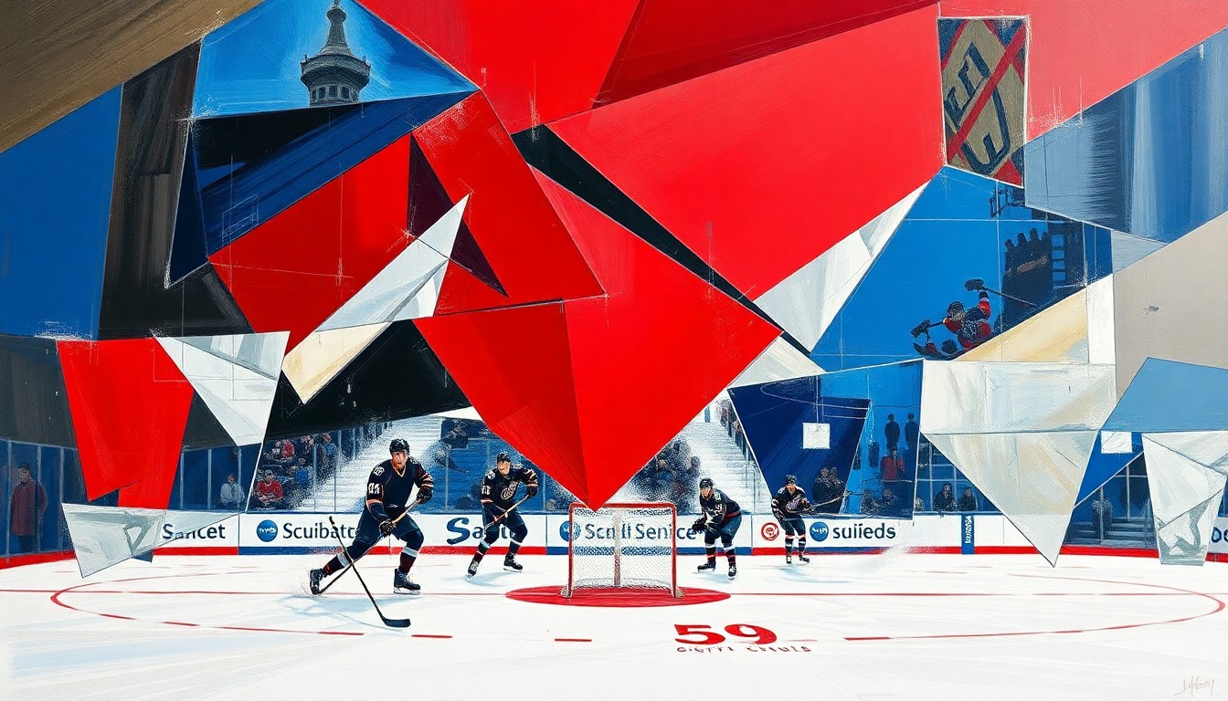 A cubist, geometric painting in vibrant colors depicting a fragmented hockey scene, conceptually representing the fractured state of the Detroit Red Wings organization.