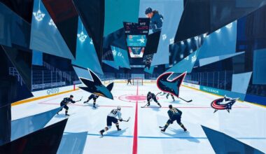 A fragmented, geometric painting depicting a hockey game, with sharp, overlapping planes of color and form representing the dynamic movements and shifting momentum of the match.