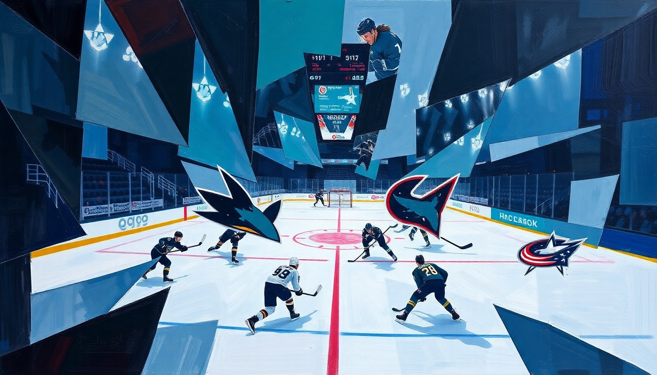 A fragmented, geometric painting depicting a hockey game, with sharp, overlapping planes of color and form representing the dynamic movements and shifting momentum of the match.