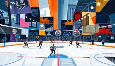A fragmented, geometric painting depicting the dynamic interplay of hockey players on the ice, with sharp angles and overlapping shapes representing the intensity and complexity of the matchup between the Kings and Oilers.