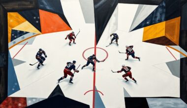 A fractured, geometric painting depicting the movements and actions of a hockey game, with sharp, overlapping planes and lines representing the players and the puck