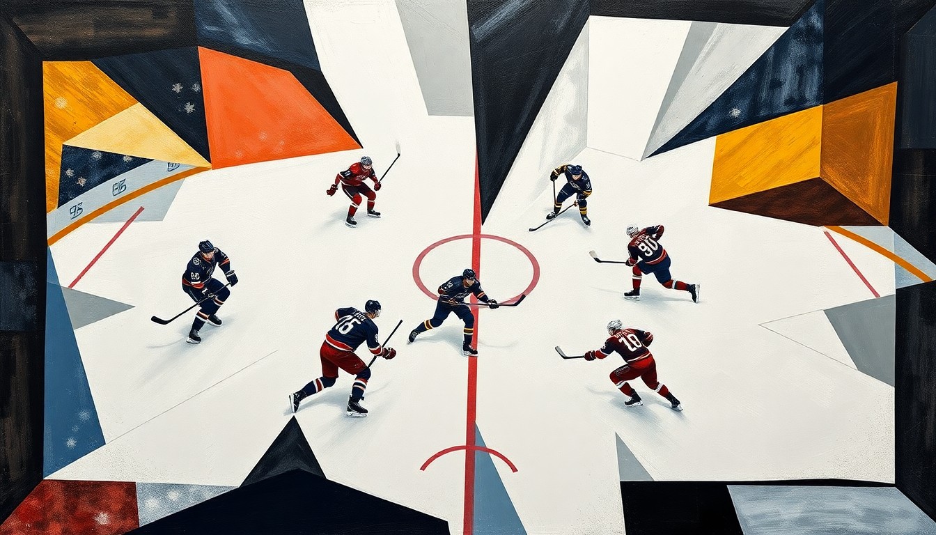 A fractured, geometric painting depicting the movements and actions of a hockey game, with sharp, overlapping planes and lines representing the players and the puck