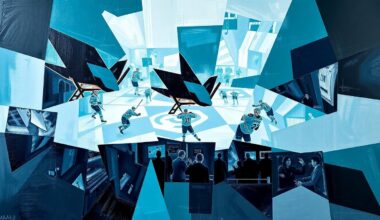 A cubist, geometric illustration depicting a San Jose Sharks hockey game, with the players and action broken down into sharp, overlapping planes of teal, black, and silver, capturing the dynamic and evolving nature of the team.