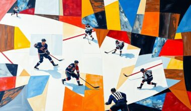 A fractured, cubist-style painting depicting a hockey game, with the players and ice broken down into abstract geometric shapes and planes of color, conveying the energy and intensity of the sport.