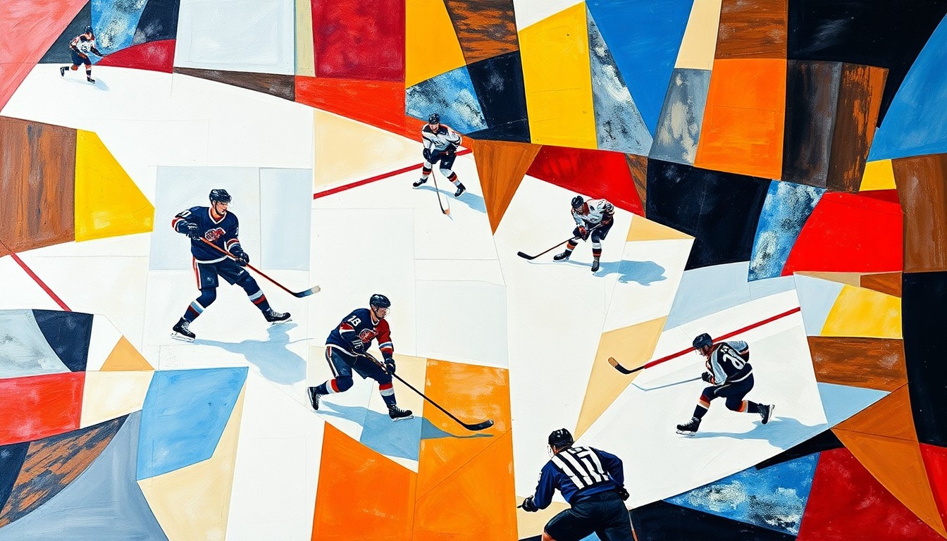 A fractured, cubist-style painting depicting a hockey game, with the players and ice broken down into abstract geometric shapes and planes of color, conveying the energy and intensity of the sport.