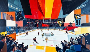 A cubist, geometric painting depicting a hockey game with overlapping planes of color and shape, capturing the energy and movement of the sport without any identifiable players or teams.