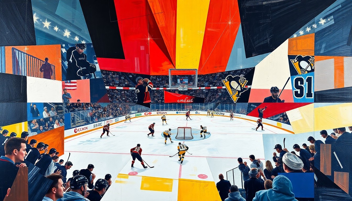 A cubist, geometric painting depicting a hockey game with overlapping planes of color and shape, capturing the energy and movement of the sport without any identifiable players or teams.