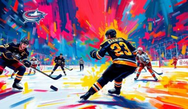 An abstract, energetic painting featuring dynamic hockey players in motion, with vibrant neon colors and expressive brushstrokes capturing the raw emotion and intensity of the high-stakes game.
