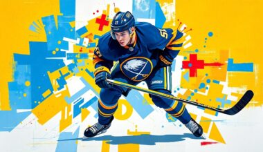 A cubist-style painting depicting a hockey defenseman in action, with their movements and body broken down into sharp, overlapping geometric shapes in shades of blue and gold.