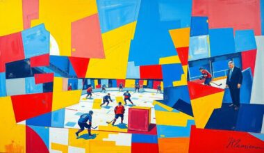 A cubist, geometric painting depicting a hockey game, with overlapping planes of color and movement, capturing the intensity and unpredictability of the NHL
