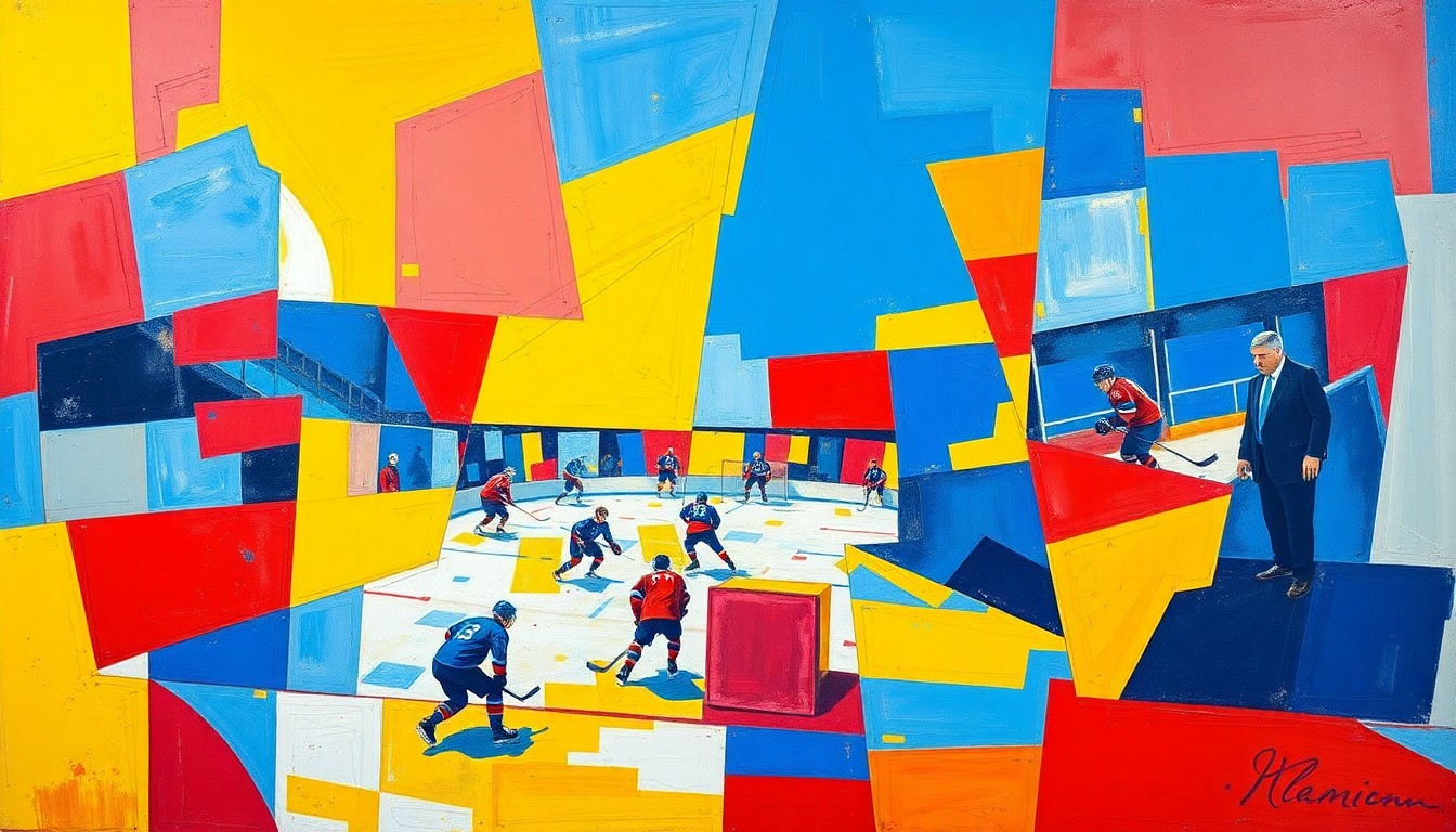 A cubist, geometric painting depicting a hockey game, with overlapping planes of color and movement, capturing the intensity and unpredictability of the NHL
