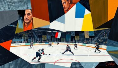 A cubist-style painting depicting a hockey game, with the players and ice rink broken down into sharp, overlapping geometric shapes in vibrant colors, conveying the intensity and excitement of the match.