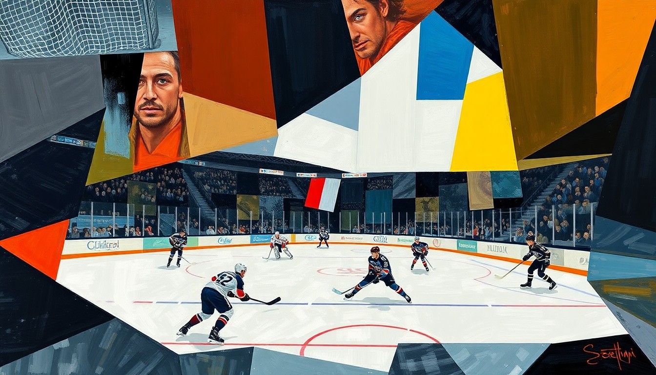 A cubist-style painting depicting a hockey game, with the players and ice rink broken down into sharp, overlapping geometric shapes in vibrant colors, conveying the intensity and excitement of the match.