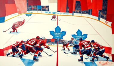 A fractured, multi-perspective painting in bold, geometric shapes and planes of red, blue, and white, representing the action and movement of a hockey game between two rival teams.