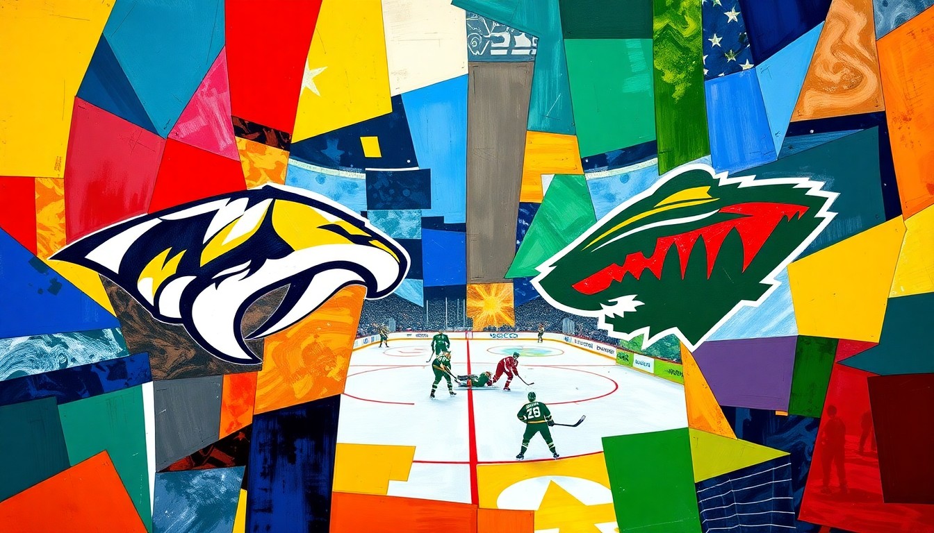 A cubist, geometric painting depicting a hockey game in progress, with the players and the ice surface broken down into sharp, overlapping planes of color representing the teams