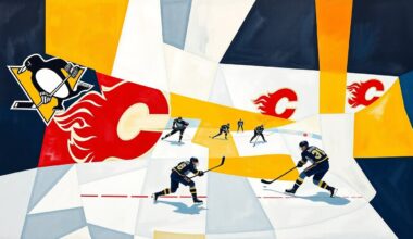A fractured, multi-perspective painting in vibrant shades of navy blue, gold, red, and yellow, breaking down a hockey game into sharp, overlapping geometric planes and forms, conceptually representing the strategic complexity and intensity of the matchup between the Pittsburgh Penguins and Calgary Flames.