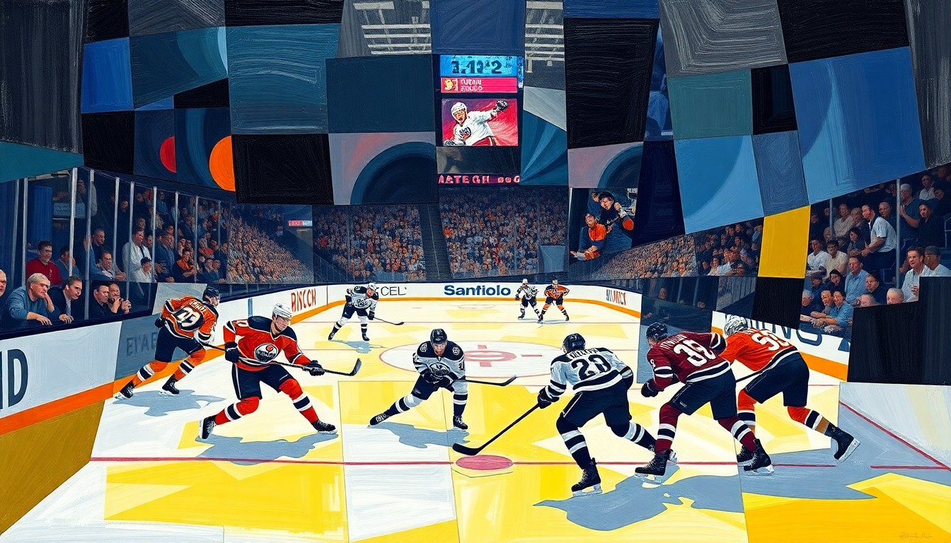 A fractured, multi-perspective painting depicting a hockey game between the Edmonton Oilers and Los Angeles Kings, with the players