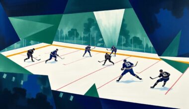 A fractured, cubist-style painting depicting a hockey game between the Buffalo Sabres and Toronto Maple Leafs, with the players and action on the ice broken down into sharp, overlapping geometric shapes in shades of blue, green, and white.