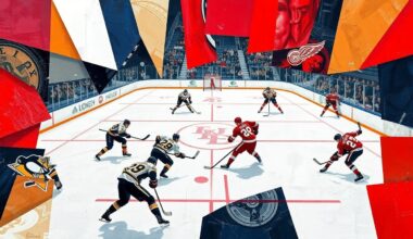 A cubist, geometric painting depicting a hockey game between the Pittsburgh Penguins and Detroit Red Wings, with the players and ice deconstructed into abstract shapes and angles, capturing the intensity and strategy of the defensive battle.